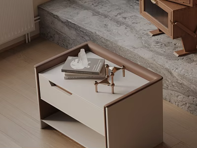 Modern Beige Bedside Table With Drawer Books Tissue Box And Decorative Item 3d model