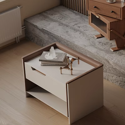Modern Beige Bedside Table With Drawer Books Tissue Box And Decorative Item 3d model