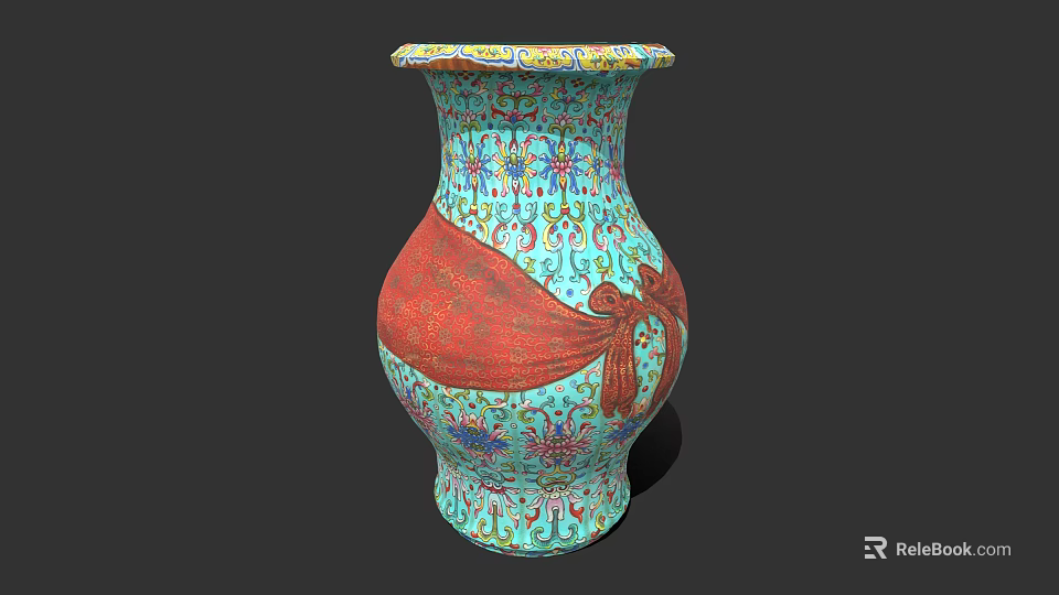 Turquoise Ceramic Vase With Intricate Patterns And Red Decorative Sash Bow 3d model