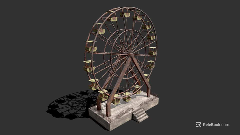 Ferris Wheel Amusement Equipment With Metal Structure Cabins And Concrete Base Steps 3d model 
