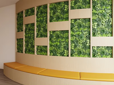 Indoor Curved Interior Design With Lush Green Plant Wall And Yellow Bench Seats 3d model