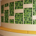 Indoor Curved Interior Design With Lush Green Plant Wall And Yellow Bench Seats