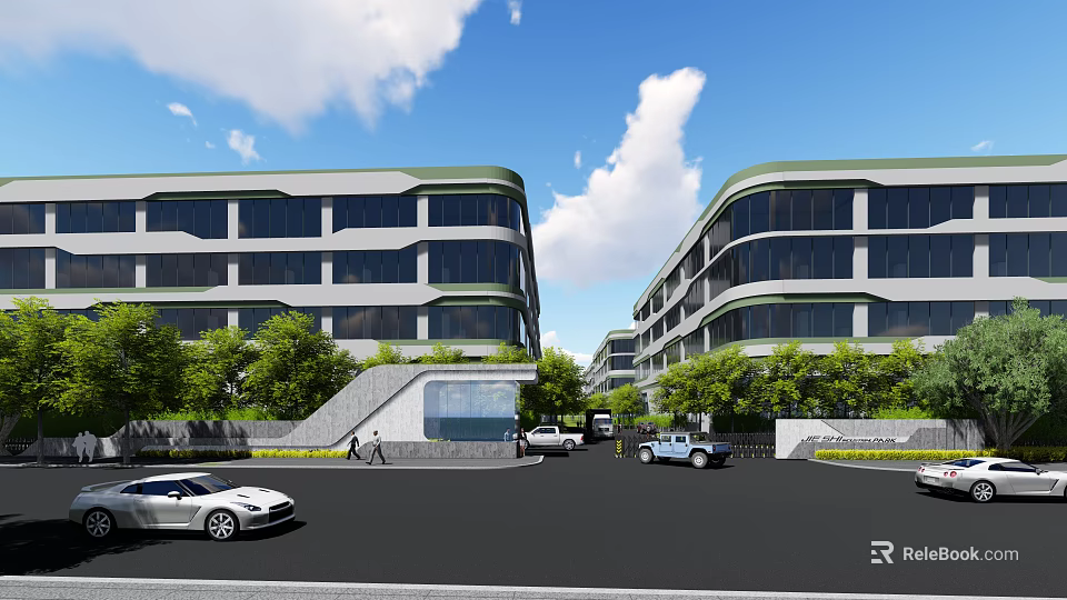 Modern Building Entrance Gate With Glass Door Steps And Trees Around Parking Area 3d model 