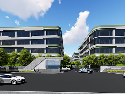 Modern Building Entrance Gate With Glass Door Steps And Trees Around Parking Area 3d model