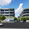 Modern Building Entrance Gate With Glass Door Steps And Trees Around Parking Area