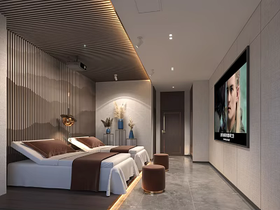 Modern Elegant Bedroom Interior With Large Bed TV Screen And Decorative Wall Panels 3d model
