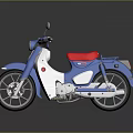 Classic Blue and White Motorcycle with Red Seat and Rearview Mirrors