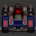 Futuristic Red And Blue Mechanical Vehicle With Multiple Cannons Large Wheels And Red Glowing Accents