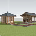 Traditional Wooden Houses with Classic Roofs Surrounded by Greenery Pink Flowers Stones and Trees