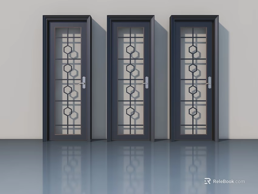 Dark Colored Hinged Doors With Geometric Pattern Glass And Silver Handles In Modern Setting 3d model