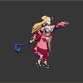 Woman With Blonde Hair Wearing Pink Coat Holding Blue Staff In Dynamic Standing Pose