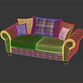 Classic Brown Leather Two Seater Sofa With Plaid And Beige Patterned Cushions And Curved Arms