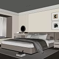 Modern Bedroom Interior Design With King Bed Framed Wall Art Round Mirror And Nightstand