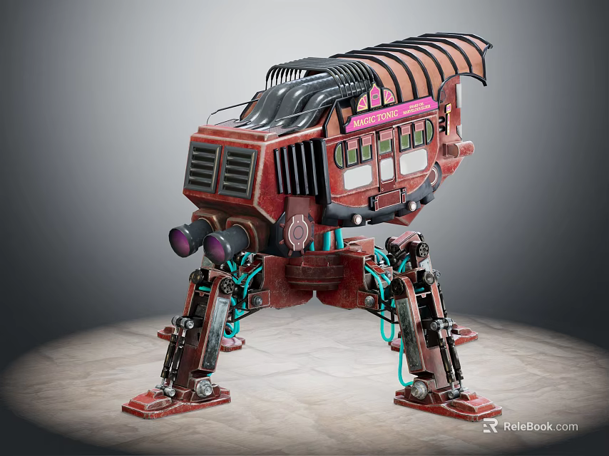 Red Mechanical Creature Character With Four Legs And Carriage Top Structure 3d model