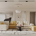 Modern Elegant Sofa Set With White And Gold Sections Round Rug Coffee Table And Chandelier