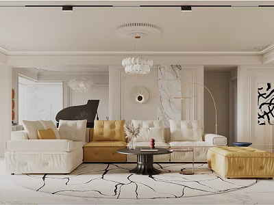 Modern Elegant Sofa Set With White And Gold Sections Round Rug Coffee Table And Chandelier 3d model