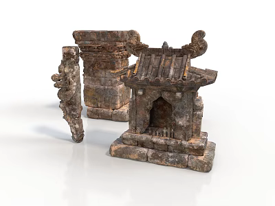 Ancient Architectural Stone Components With Intricate Carvings And Traditional Roof Designs 3d model