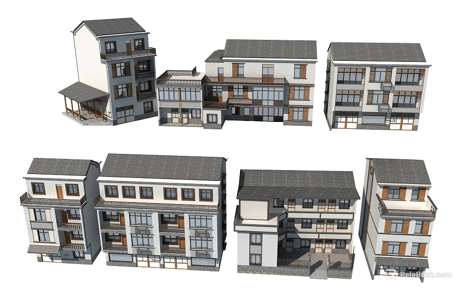 Traditional Chinese Style Multi Story Buildings With Gray Tile Roofs And White Walls 3d model 