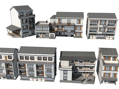 Traditional Chinese Style Multi Story Buildings With Gray Tile Roofs And White Walls 3d model