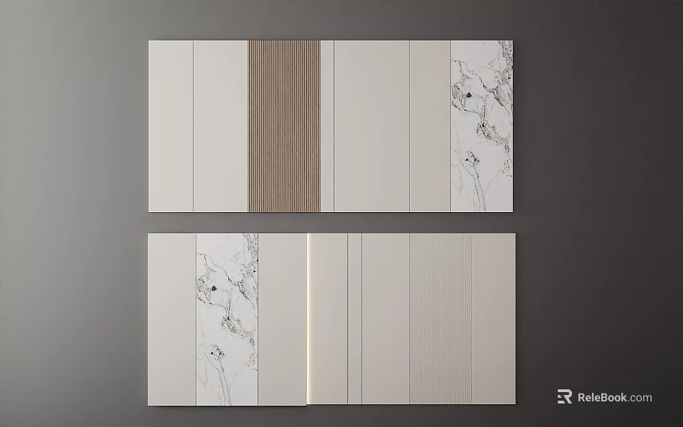 Gray And White Background Wall Design Featuring Wood Grain And Marble Textures 3d model