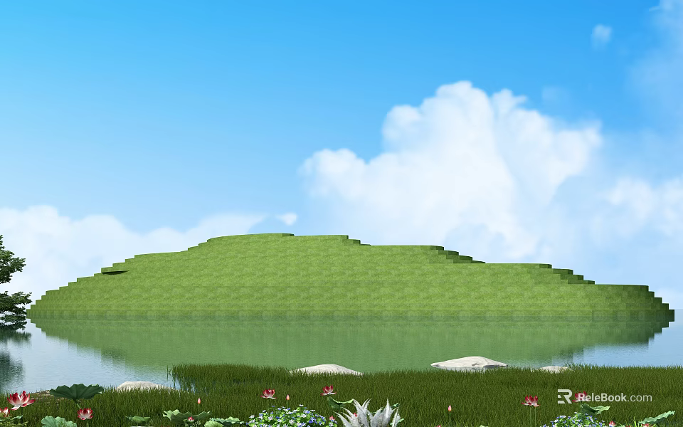 Peaceful Blue Sky White Clouds Green Grassland Lake with Lotus Flowers and Stones 3d model 