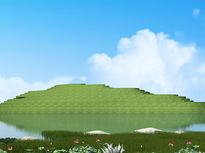 Peaceful Blue Sky White Clouds Green Grassland Lake with Lotus Flowers and Stones 3d model