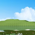Peaceful Blue Sky White Clouds Green Grassland Lake with Lotus Flowers and Stones