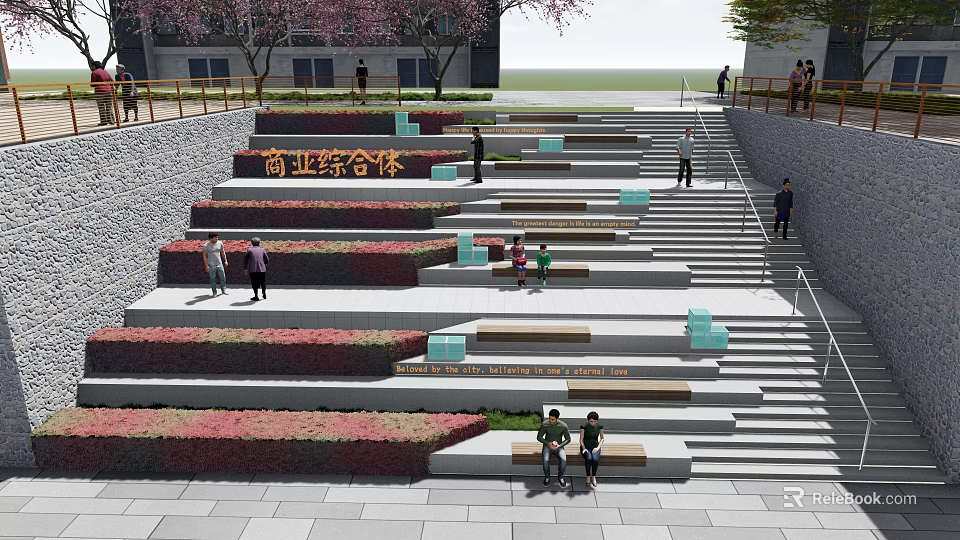 Stone Wood Terrace Steps With Seating Green Plants In Commercial Complex Public Space 3d model 