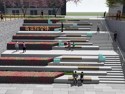 Stone Wood Terrace Steps With Seating Green Plants In Commercial Complex Public Space 3d model