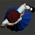 Child With Red Hair And Red Headband Posing In White Shirt And Blue Skirt