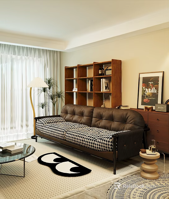 Modern Living Room Double Sofa with Black White Plaid Cushion and Brown Leather Backrest 3d model 
