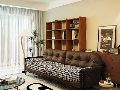 Modern Living Room Double Sofa with Black White Plaid Cushion and Brown Leather Backrest 3d model