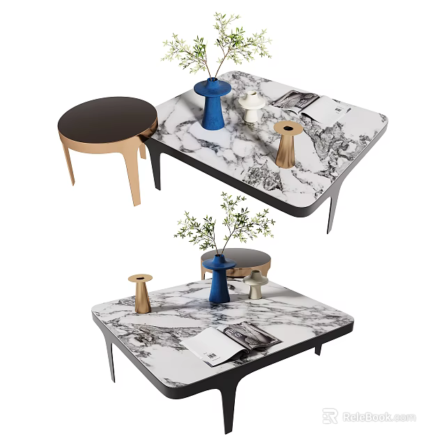 Modern Marble Top Coffee Table With Blue Vase Decorative Items And Magazines 3d model