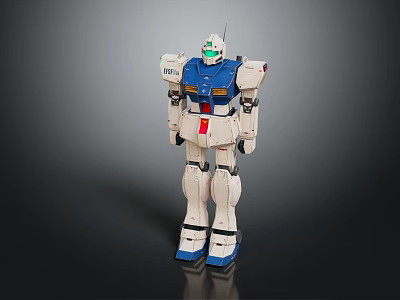 Detailed Blue And White Robot Model With Green Head Standing Pose 3d model