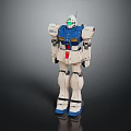 Detailed Blue And White Robot Model With Green Head Standing Pose