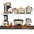 Stylish Smeg Beige Kitchen Appliances On White Shelf With Coffee Machine Toaster Kettle Blender Rice Cooker