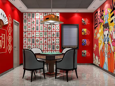 Hotel Mahjong Room with Red Walls Mahjong Tile Patterns Chandelier Mahjong Table and Four Chairs 3d model
