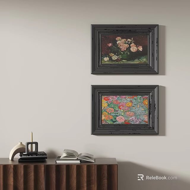 Framed Flower Artworks Hanging on Wall with Table and Decor Items 3d model