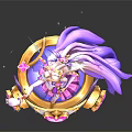 Magical Female Character With Long Purple Hair Holding Sparkling Staff On Heart Decorated Pedestal