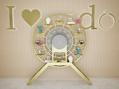 Golden Ferris Wheel Design Display Shelf with Clock Pink Flowers and Wooden Wall Background 3d model