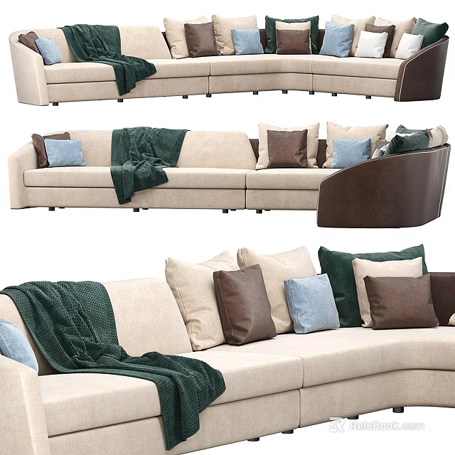 Modern Beige Sectional Sofa With Mixed Color Pillows And Cozy Green Throw Blanket 3d model 
