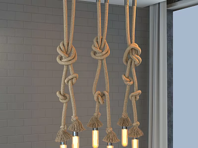Rope Woven Knotted Chandelier With Multiple Illuminated Bulbs Against Grey Brick Wall 3d model