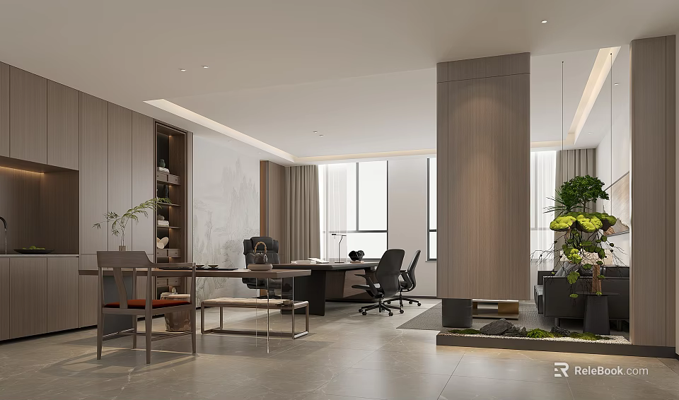 Modern Bright Spacious Executive Office With Warm Wood Decor Comfortable Furniture And Fresh Green Plants 3d model 