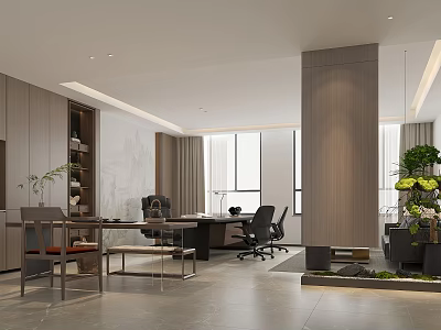 Modern Bright Spacious Executive Office With Warm Wood Decor Comfortable Furniture And Fresh Green Plants 3d model
