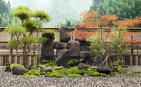 Japanese-style landscape stone rockery stone withered landscape courtyard landscape moss micro-terrain plant landscaping red maple 3d model