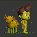 Cartoon Boy With Red Hair And White Horned Creature On Green Grass With Small Plants