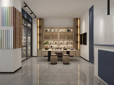 Modern Interior Space With Display Shelves Table Stools Colorful Wall Panels And Gray Flooring 3d model