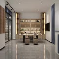 Modern Interior Space With Display Shelves Table Stools Colorful Wall Panels And Gray Flooring