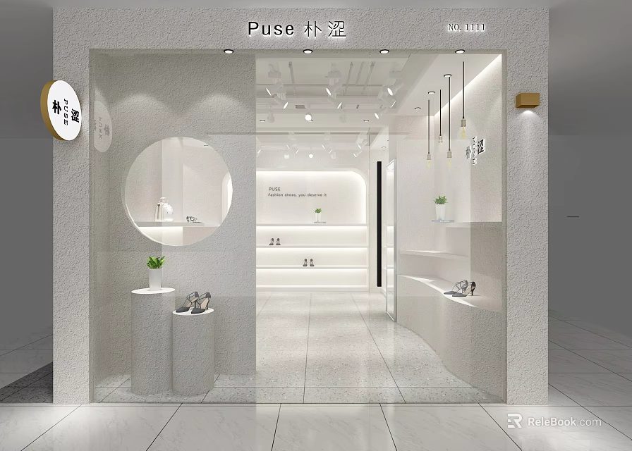 Minimalist Puse Specialty Store With White Toned Interior Glass Facade And Display Areas 3d model 