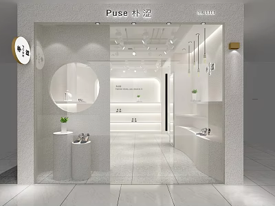 Minimalist Puse Specialty Store With White Toned Interior Glass Facade And Display Areas 3d model